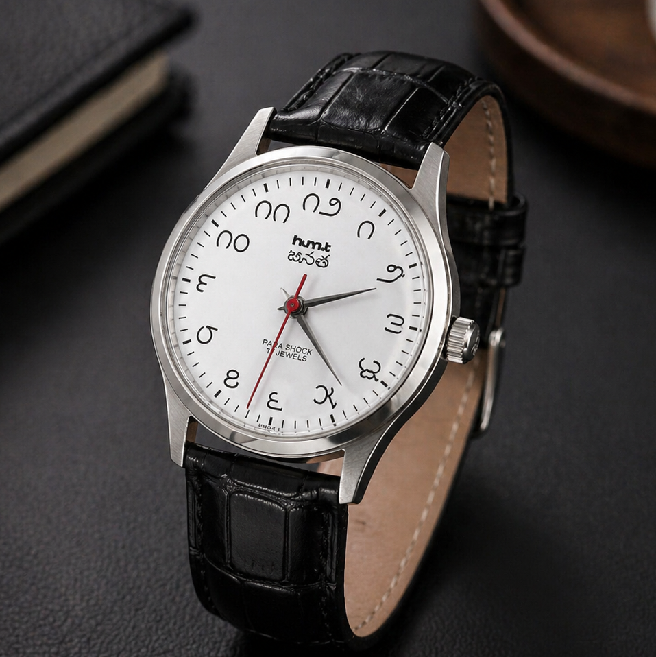 Vintage MOD HMT Janata Telugu Hand Winding 17 Jewels White Face Black Leather Strap Men's Wrist Watch S118
