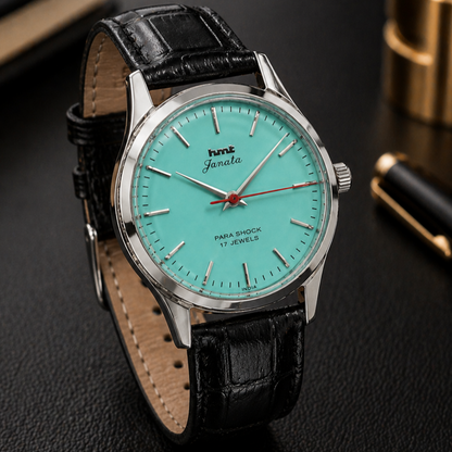 Vintage MOD HMT Janata Hand Winding 17 Jewels Tiffany blue Face Black Croco Leather Strap Men's Wrist Watch S113