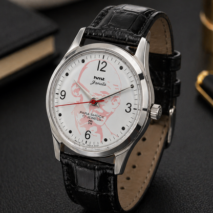 Vintage MOD HMT Janata Gandhi Hand Winding 17 Jewels White Face Black Leather Strap Men's Wrist Watch S120