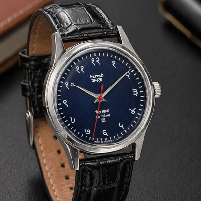 Vintage MOD HMT Janata Devanagari Hand Winding 17 Jewels Blue Face Black Leather Strap Men's Wrist Watch S129