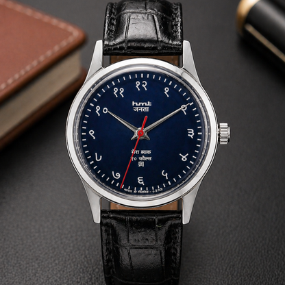 Vintage MOD HMT Janata Devanagari Hand Winding 17 Jewels Blue Face Black Leather Strap Men's Wrist Watch S129