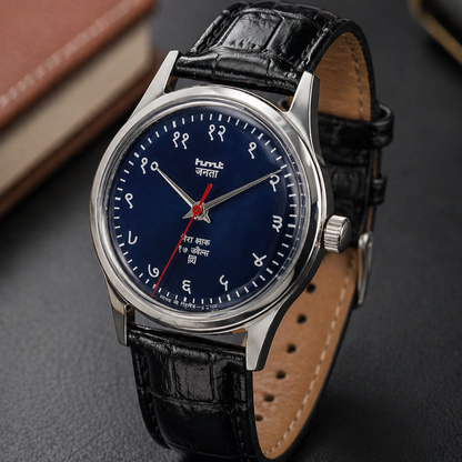 Vintage MOD HMT Janata Devanagari Hand Winding 17 Jewels Blue Face Black Leather Strap Men's Wrist Watch S129
