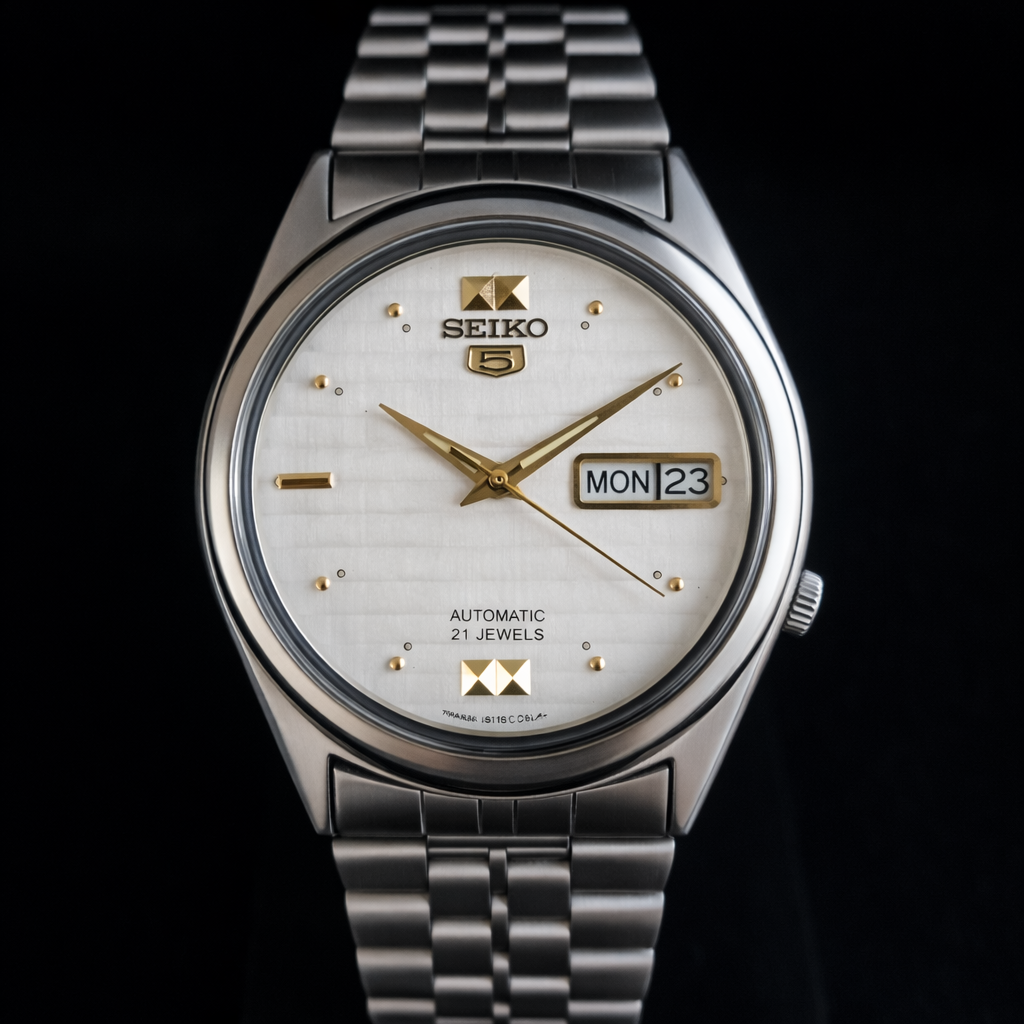 Vintage 1979 Original Seiko 5 Automatic 7009-876A White Face 17 Jewels Day-Date Japanese Men's Wrist Watch S47