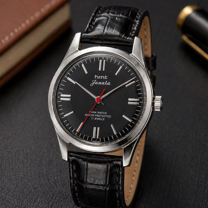 Vintage MOD HMT Janata Hand Winding 17 Jewels Black Face Black Leather Strap Men's Wrist Watch S123