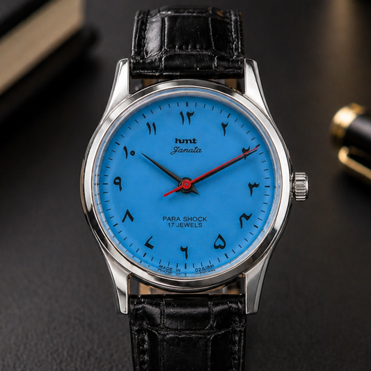 Vintage MOD HMT Janata Urdu/Arabic Hand Winding 17 Jewels Sky Blue Face Black Croco Leather Strap Men's Wrist Watch S115