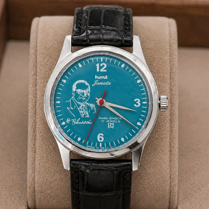 Vintage MOD HMT Janata B.R .Ambedkar Hand Winding 17 Jewels Sky blue Face Black Croco Leather Strap Men's Wrist Watch S114