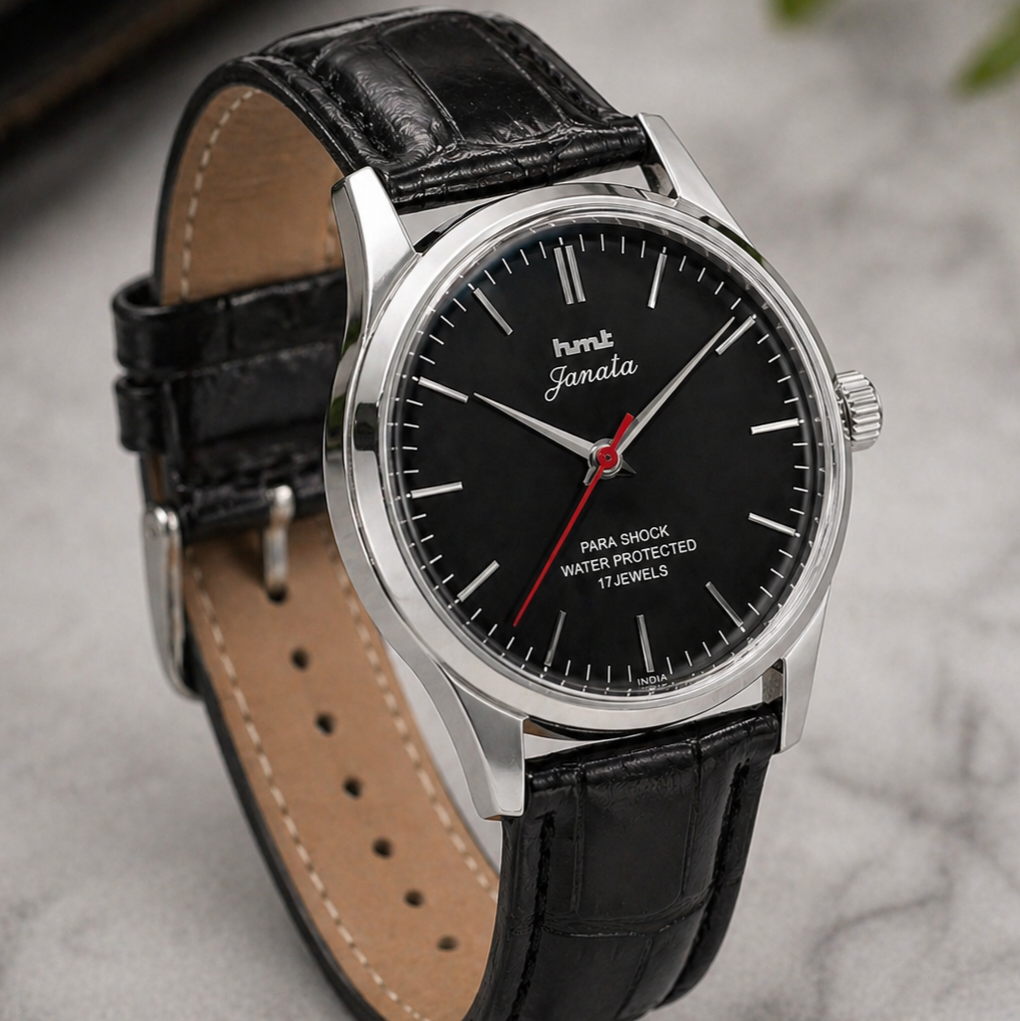 Vintage MOD HMT Janata Hand Winding 17 Jewels Black Face Black Leather Strap Men's Wrist Watch S124