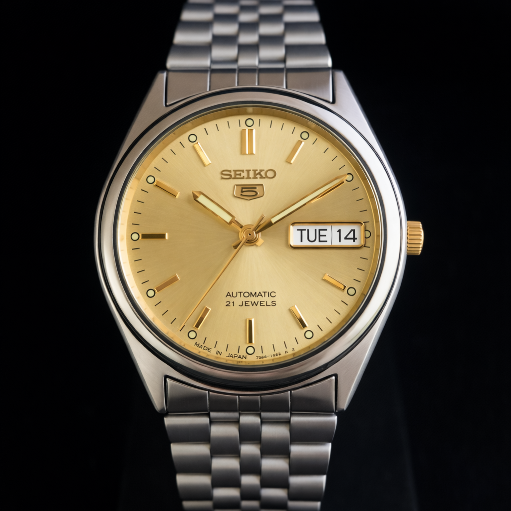 Vintage 1997 Original Seiko 5 Automatic 7S26-6030 Golden Face 21 Jewels Day-Date Japanese Men's Wrist Watch S40