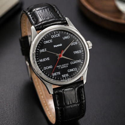 Vintage MOD HMT Janata Spanish Hand Winding 17 Jewels Black Face Black Leather Strap Men's Wrist Watch S126