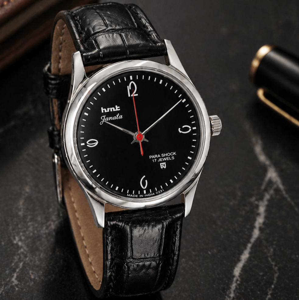 Vintage MOD HMT Janata Hand Winding 17 Jewels Black Face Black Croco Leather Strap Men's Wrist Watch S111