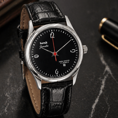 Vintage MOD HMT Janata Hand Winding 17 Jewels Black Face Black Croco Leather Strap Men's Wrist Watch S111