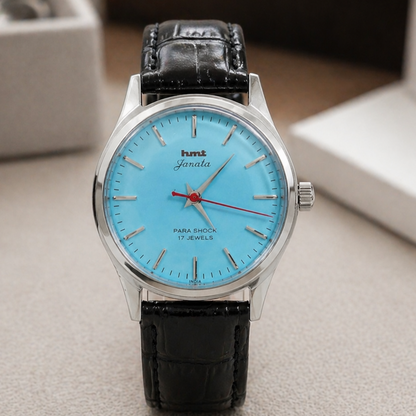 Vintage MOD HMT Janata Hand Winding 17 Jewels Sky Blue Face Black Croco Leather Strap Men's Wrist Watch S112