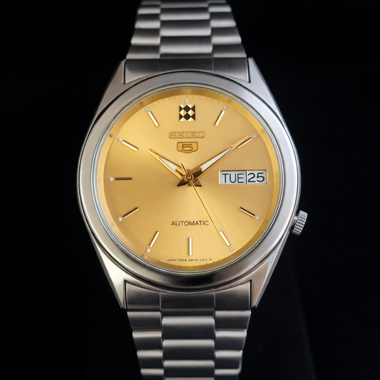 Vintage 1985 Original Seiko 5 Automatic 7009-3040 Golden Face 17 Jewels Day-Date Japanese Men's Wrist Watch S48