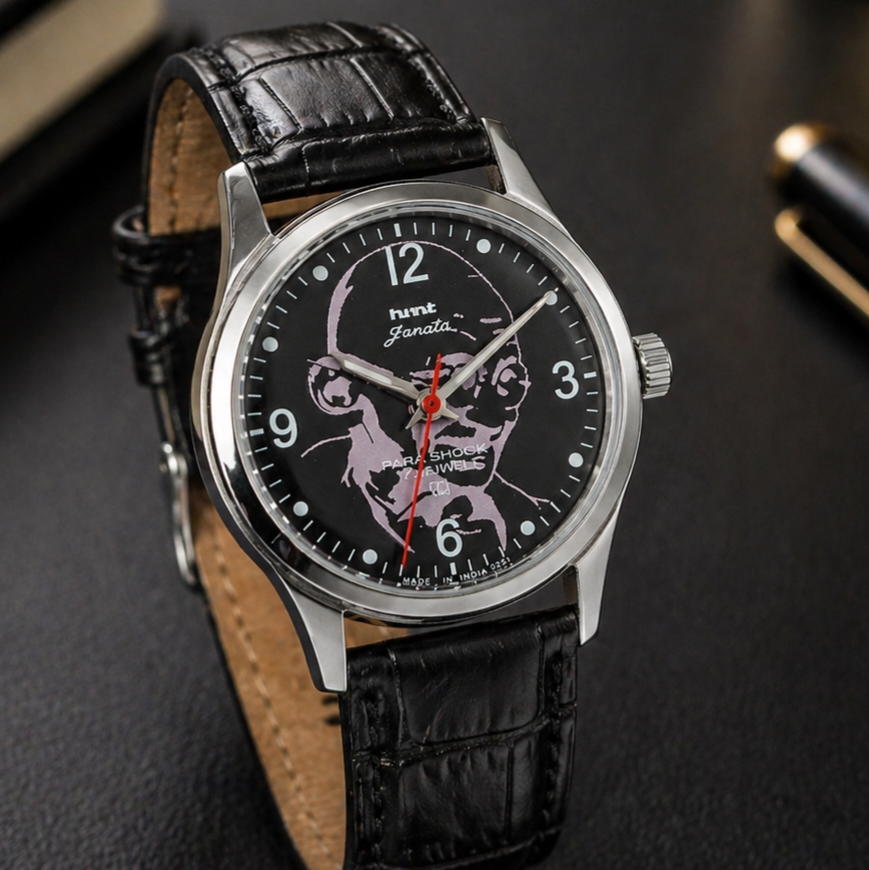 Vintage MOD HMT Janata Gandhi Hand Winding 17 Jewels Black Face Black Leather Strap Men's Wrist Watch S122