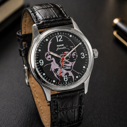 Vintage MOD HMT Janata Gandhi Hand Winding 17 Jewels Black Face Black Leather Strap Men's Wrist Watch S122