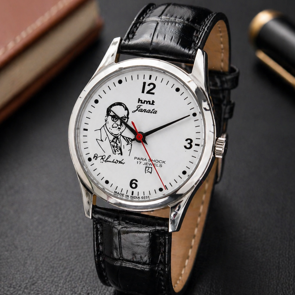 Vintage MOD HMT Janata B.R .Ambedkar Hand Winding 17 Jewels White Face Black Leather Strap Men's Wrist Watch S119