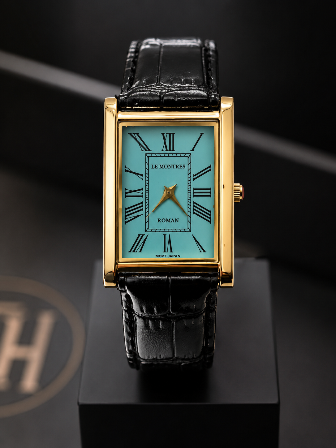 Vintage MOD Le Montres Quartz Sky Blue Face With Black Croco Band 26mm Gold Case Men's Wrist Watch LM02