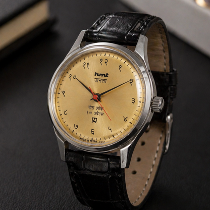 Vintage MOD HMT Janata Devanagari Hand Winding 17 Jewels Gold Face Black Croco Leather Strap Men's Wrist Watch S117