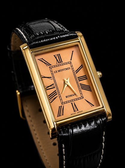 Vintage MOD Le Montres Quartz Peach Face With Black Croco Band 26mm Gold Case Men's Wrist Watch LM06