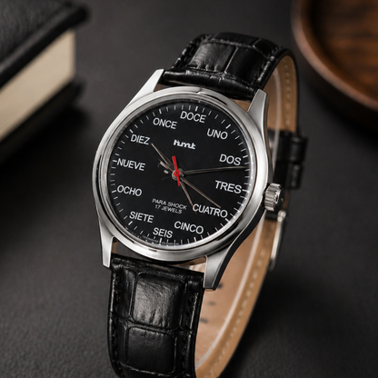 Vintage MOD HMT Janata Spanish Hand Winding 17 Jewels Black Face Black Leather Strap Men's Wrist Watch S126
