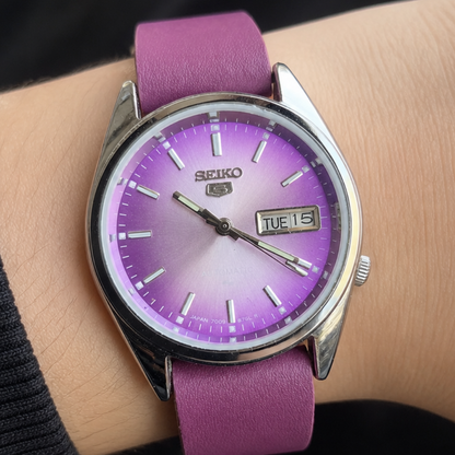 Vintage Mod  Seiko 5 Automatic 17 Jewels Cal. 7009 Purple Face Purple Nato Leather Band Day-Date Men's Wrist Watch Sk