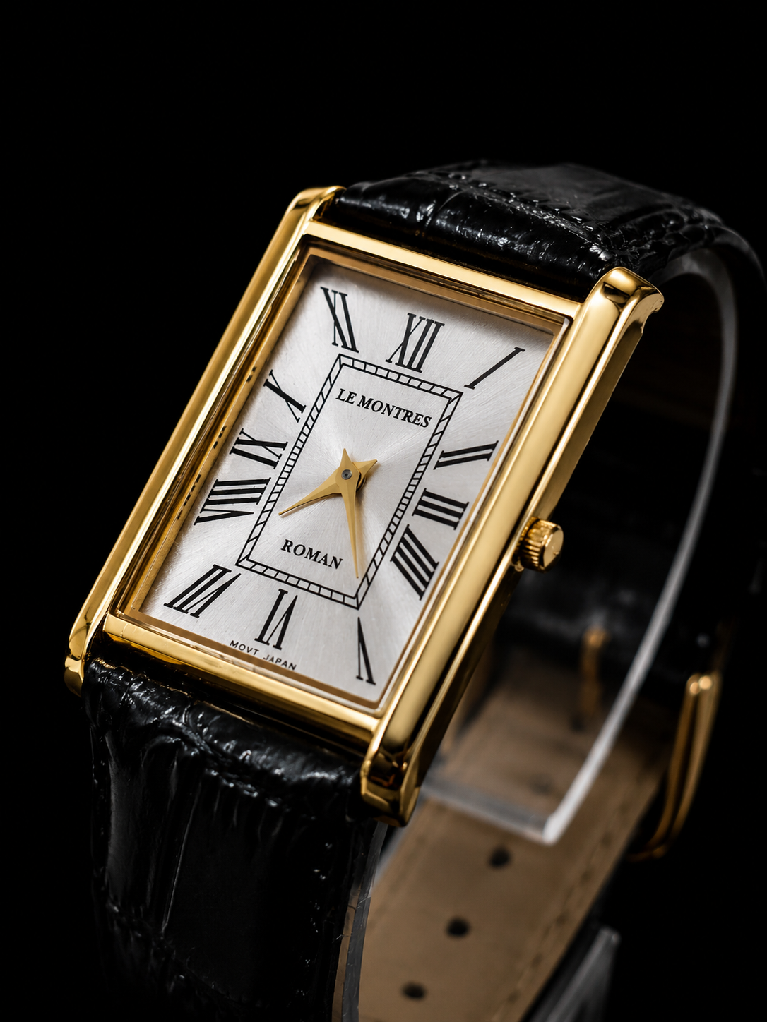 Vintage MOD Le Montres Quartz Silver Face With Black Croco Band 26mm Gold Case Men's Wrist Watch LM03