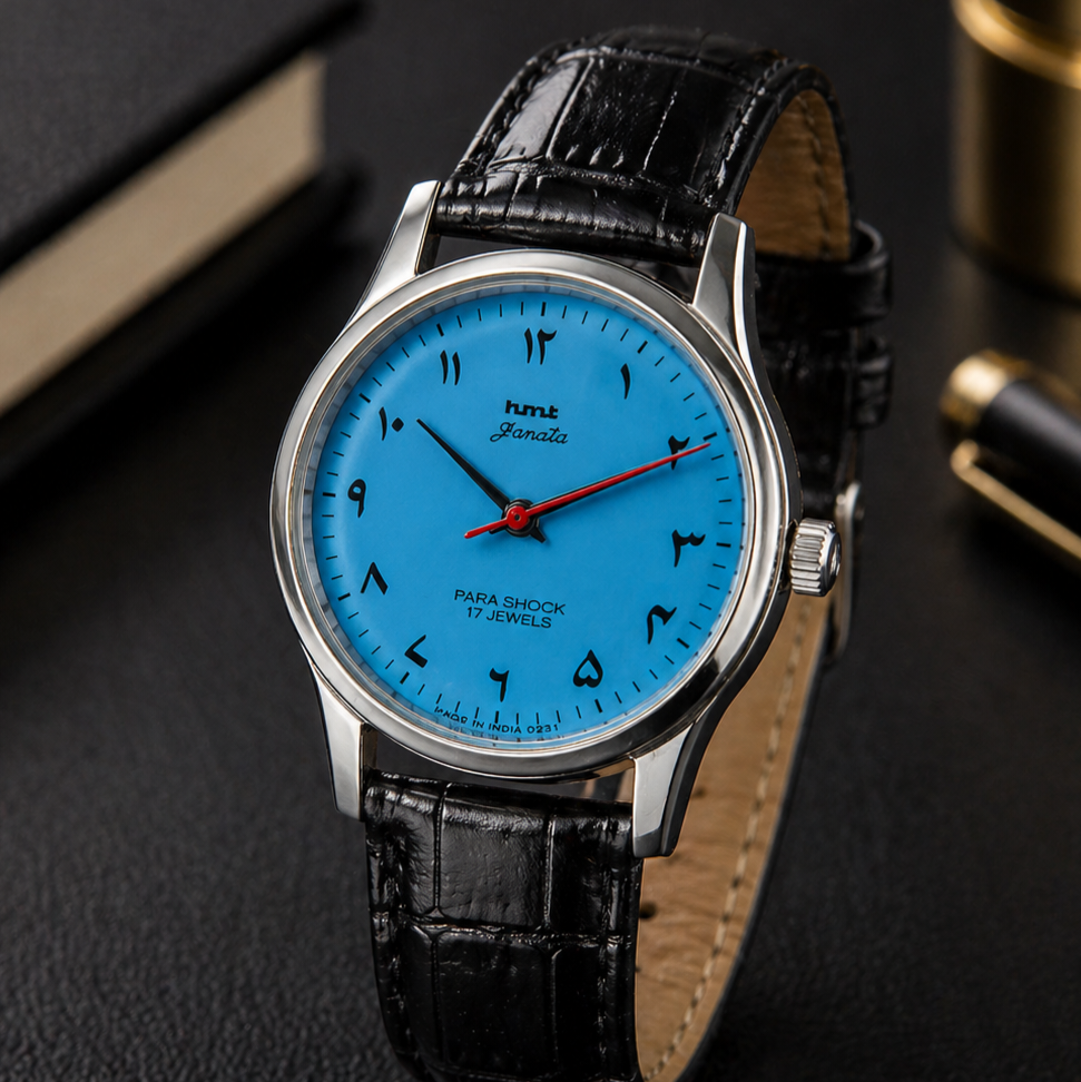 Vintage MOD HMT Janata Urdu/Arabic Hand Winding 17 Jewels Sky Blue Face Black Croco Leather Strap Men's Wrist Watch S115