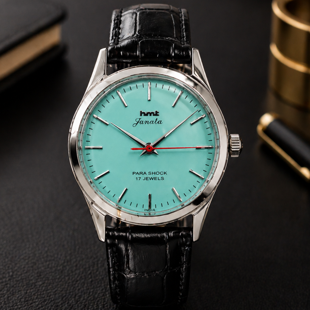 Vintage MOD HMT Janata Hand Winding 17 Jewels Tiffany blue Face Black Croco Leather Strap Men's Wrist Watch S113