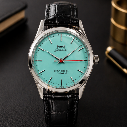 Vintage MOD HMT Janata Hand Winding 17 Jewels Tiffany blue Face Black Croco Leather Strap Men's Wrist Watch S113