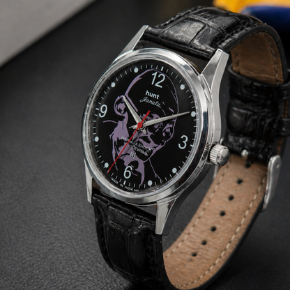 Vintage MOD HMT Janata Gandhi Hand Winding 17 Jewels Black Face Black Leather Strap Men's Wrist Watch S122
