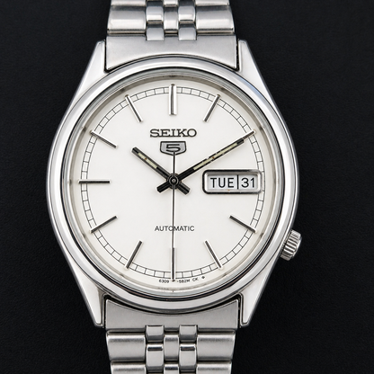 Vintage 1983 Original Seiko 5 Automatic 6309-5820 White Face 17 Jewels Day-Date Japanese Men's Wrist Watch S84