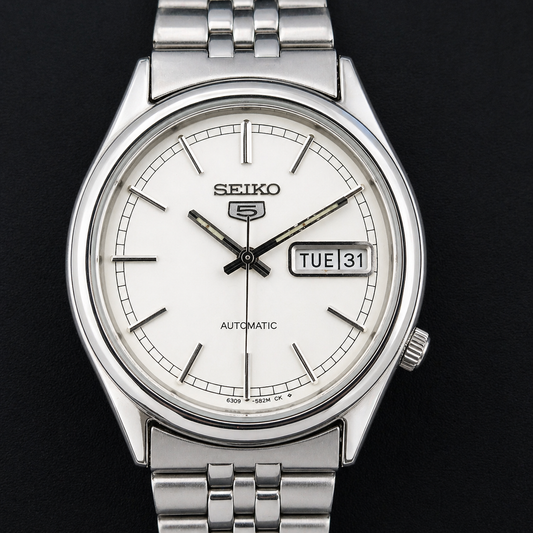 Vintage 1983 Original Seiko 5 Automatic 6309-5820 White Face 17 Jewels Day-Date Japanese Men's Wrist Watch S84