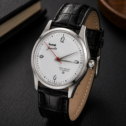 Vintage MOD HMT Janata Hand Winding 17 Jewels Black Face Black Leather Strap Men's Wrist Watch S125
