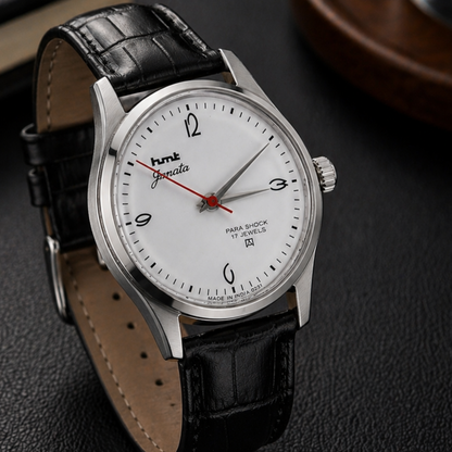 Vintage MOD HMT Janata Hand Winding 17 Jewels Black Face Black Leather Strap Men's Wrist Watch S125