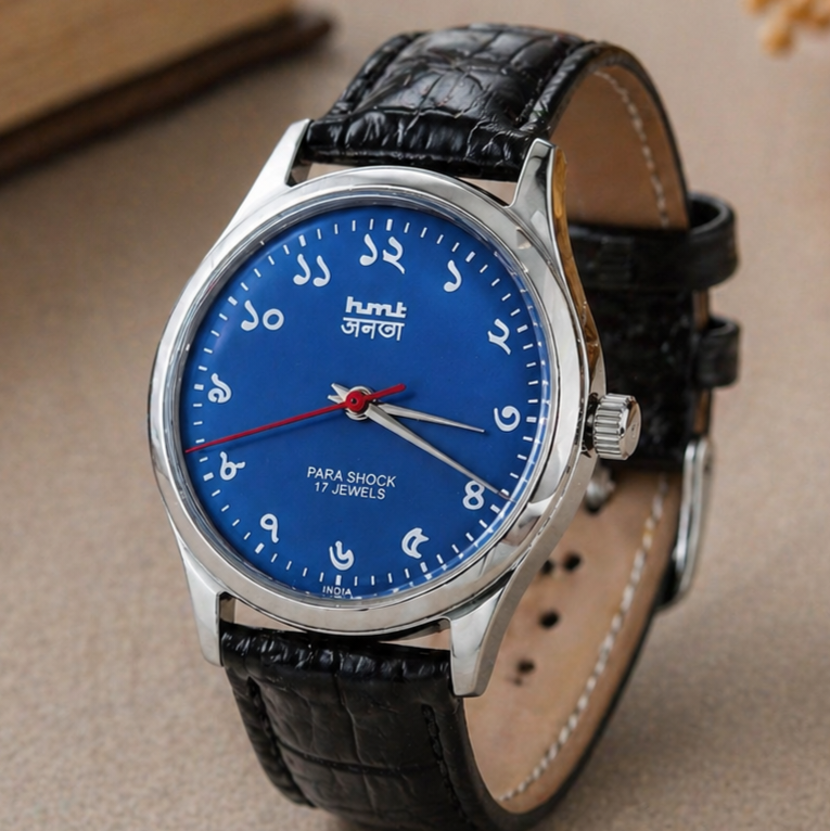 Vintage MOD HMT Janata Bangla Hand Winding 17 Jewels Blue Face Black Croco Leather Strap Men's Wrist Watch S116