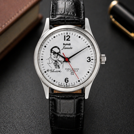 Vintage MOD HMT Janata B.R .Ambedkar Hand Winding 17 Jewels White Face Black Leather Strap Men's Wrist Watch S119