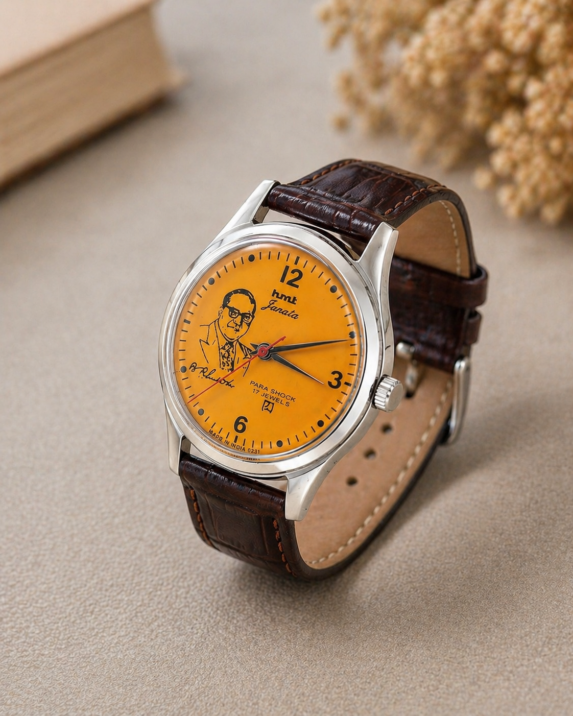 Vintage MOD HMT Janata B.R. Ambedkar Hand Winding 17 Jewels Orange Face Brown Leather Strap Men's Wrist Watch S130