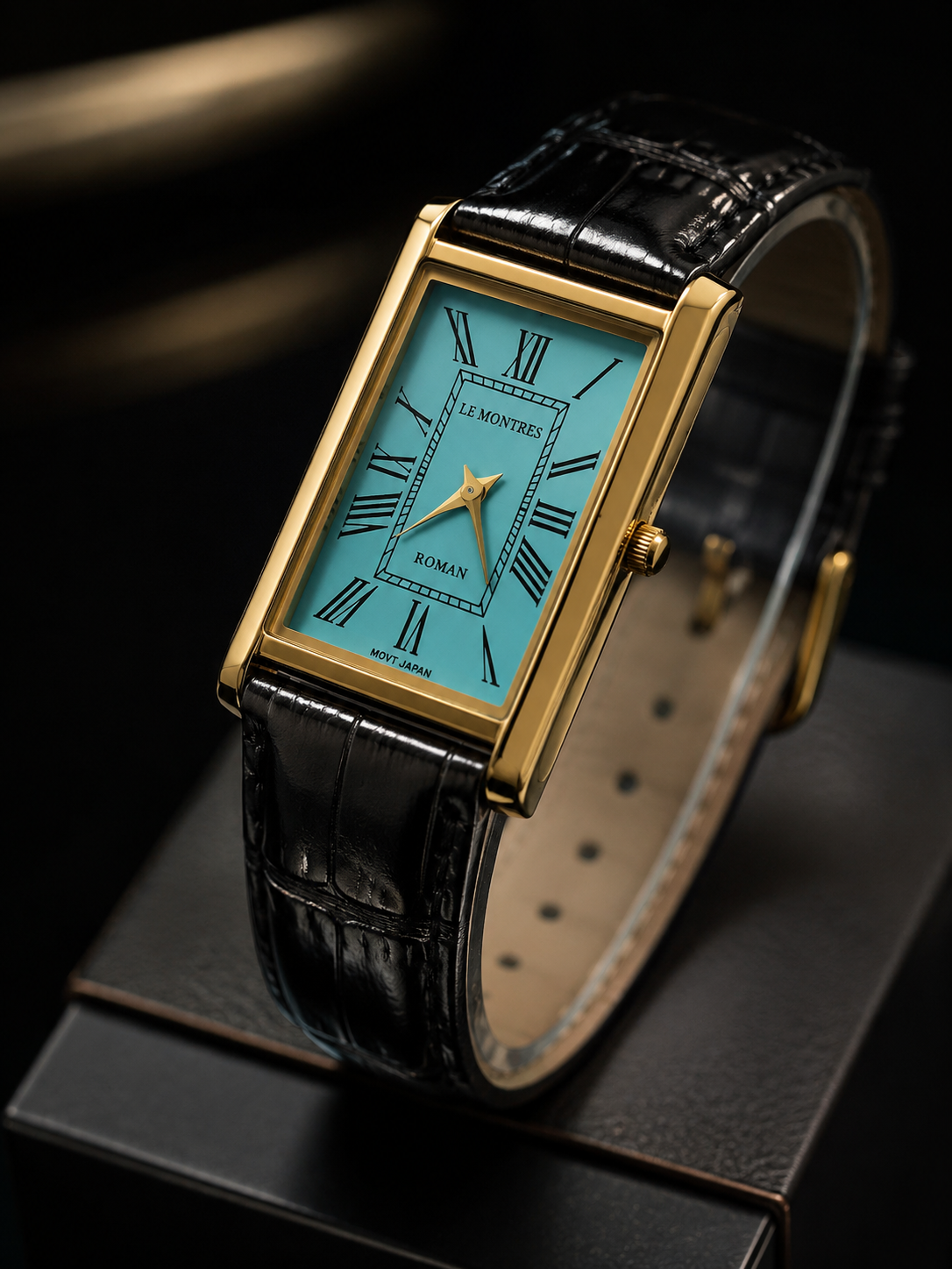 Vintage MOD Le Montres Quartz Sky Blue Face With Black Croco Band 26mm Gold Case Men's Wrist Watch LM02