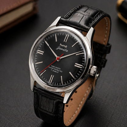 Vintage MOD HMT Janata Hand Winding 17 Jewels Black Face Black Leather Strap Men's Wrist Watch S123