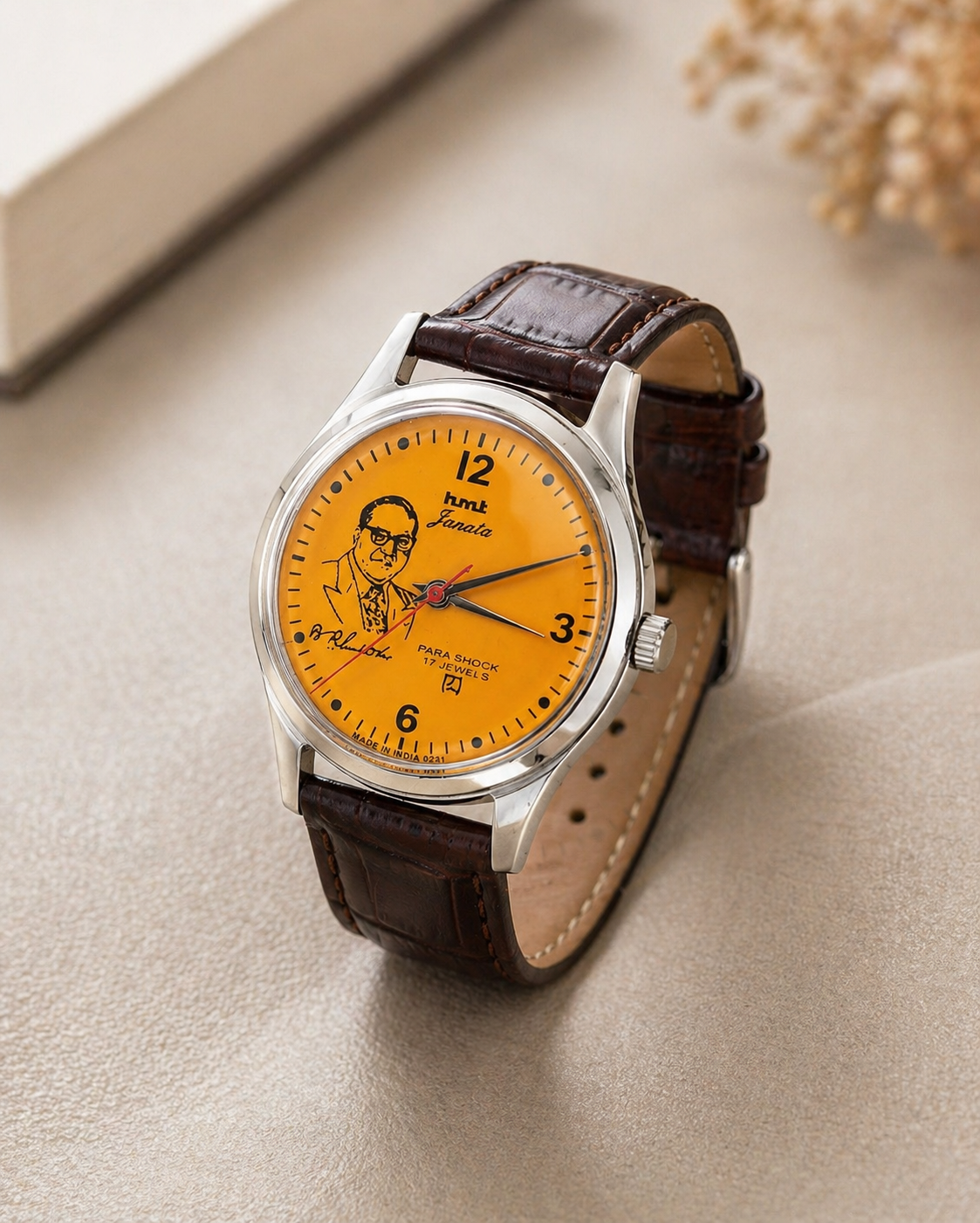 Vintage MOD HMT Janata B.R. Ambedkar Hand Winding 17 Jewels Orange Face Brown Leather Strap Men's Wrist Watch S130