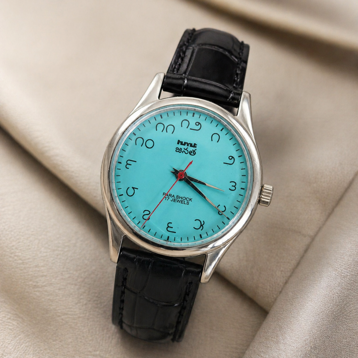 Vintage MOD HMT Janata Telugu Hand Winding 17 Jewels Turquoise Face Black Leather Strap Men's Wrist Watch S127