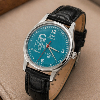 Vintage MOD HMT Janata B.R .Ambedkar Hand Winding 17 Jewels Sky blue Face Black Croco Leather Strap Men's Wrist Watch S114