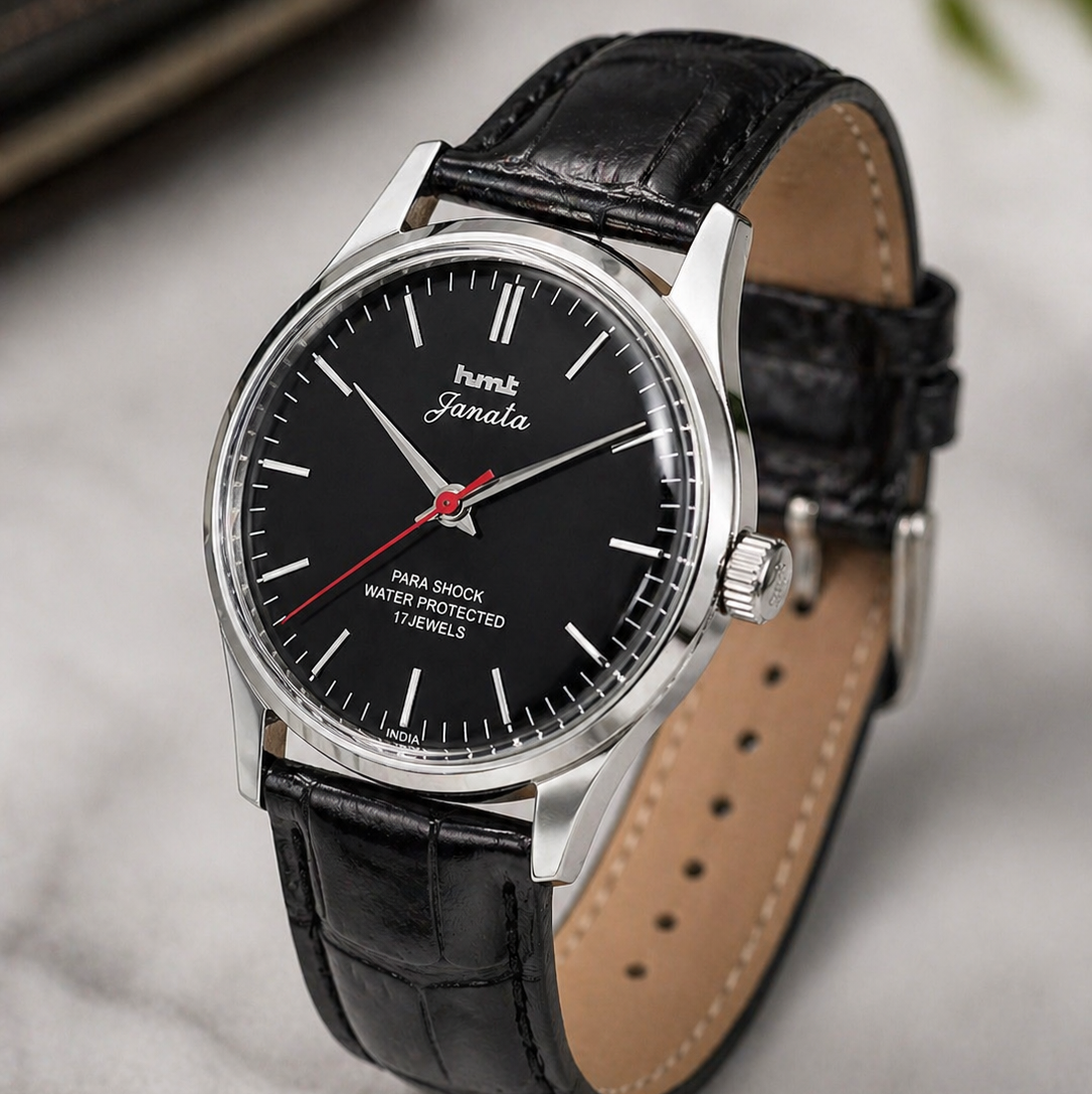 Vintage MOD HMT Janata Hand Winding 17 Jewels Black Face Black Leather Strap Men's Wrist Watch S124