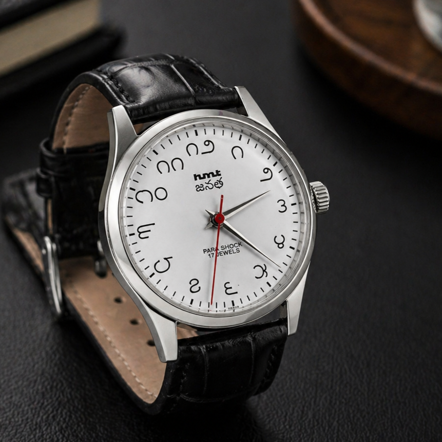 Vintage MOD HMT Janata Telugu Hand Winding 17 Jewels White Face Black Leather Strap Men's Wrist Watch S118