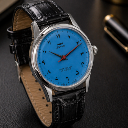Vintage MOD HMT Janata Urdu/Arabic Hand Winding 17 Jewels Sky Blue Face Black Croco Leather Strap Men's Wrist Watch S115