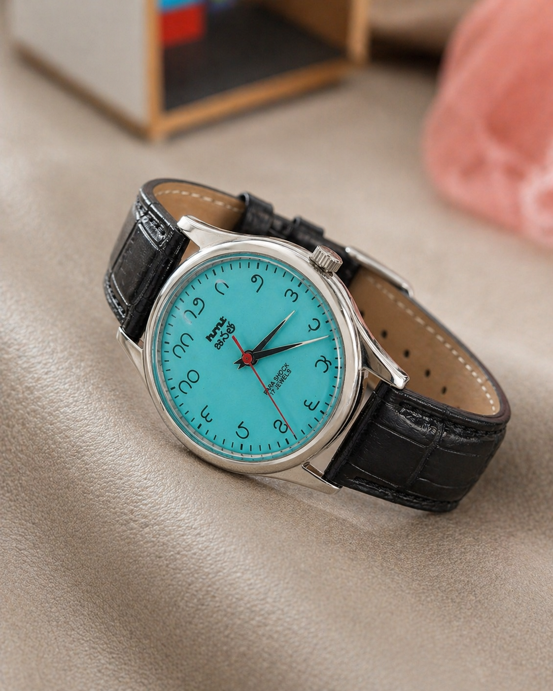 Vintage MOD HMT Janata Telugu Hand Winding 17 Jewels Turquoise Face Black Leather Strap Men's Wrist Watch S127