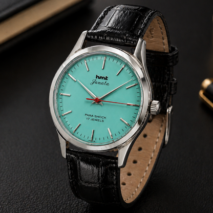 Vintage MOD HMT Janata Hand Winding 17 Jewels Tiffany blue Face Black Croco Leather Strap Men's Wrist Watch S113