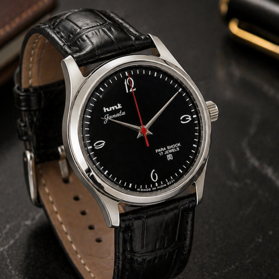 Vintage MOD HMT Janata Hand Winding 17 Jewels Black Face Black Croco Leather Strap Men's Wrist Watch S111
