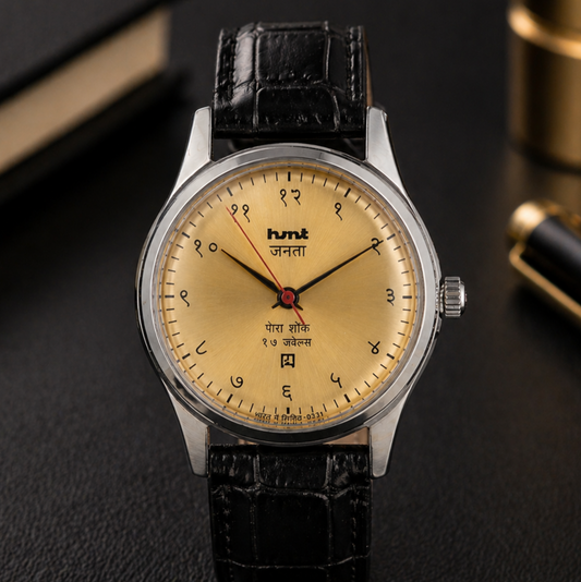 Vintage MOD HMT Janata Devanagari Hand Winding 17 Jewels Gold Face Black Croco Leather Strap Men's Wrist Watch S117