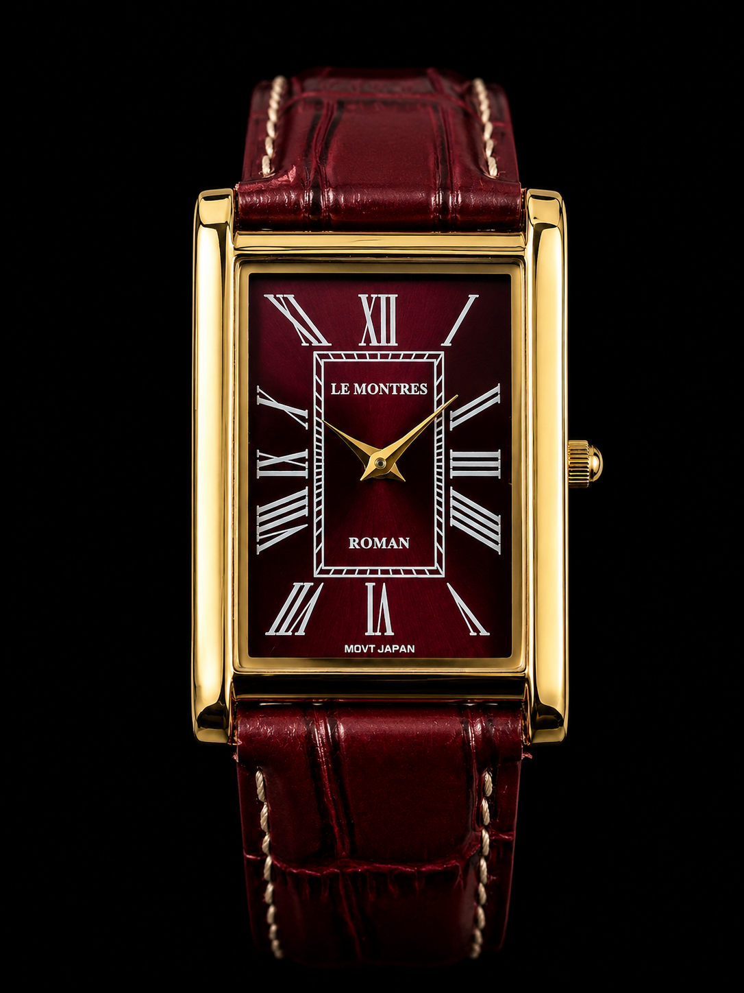 Vintage MOD Le Montres Quartz Maroon Face With Red Croco Band 26mm Gold Case Men's Wrist Watch LM05
